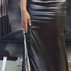 Black Satin Evening Dress with Sequin Side Slit